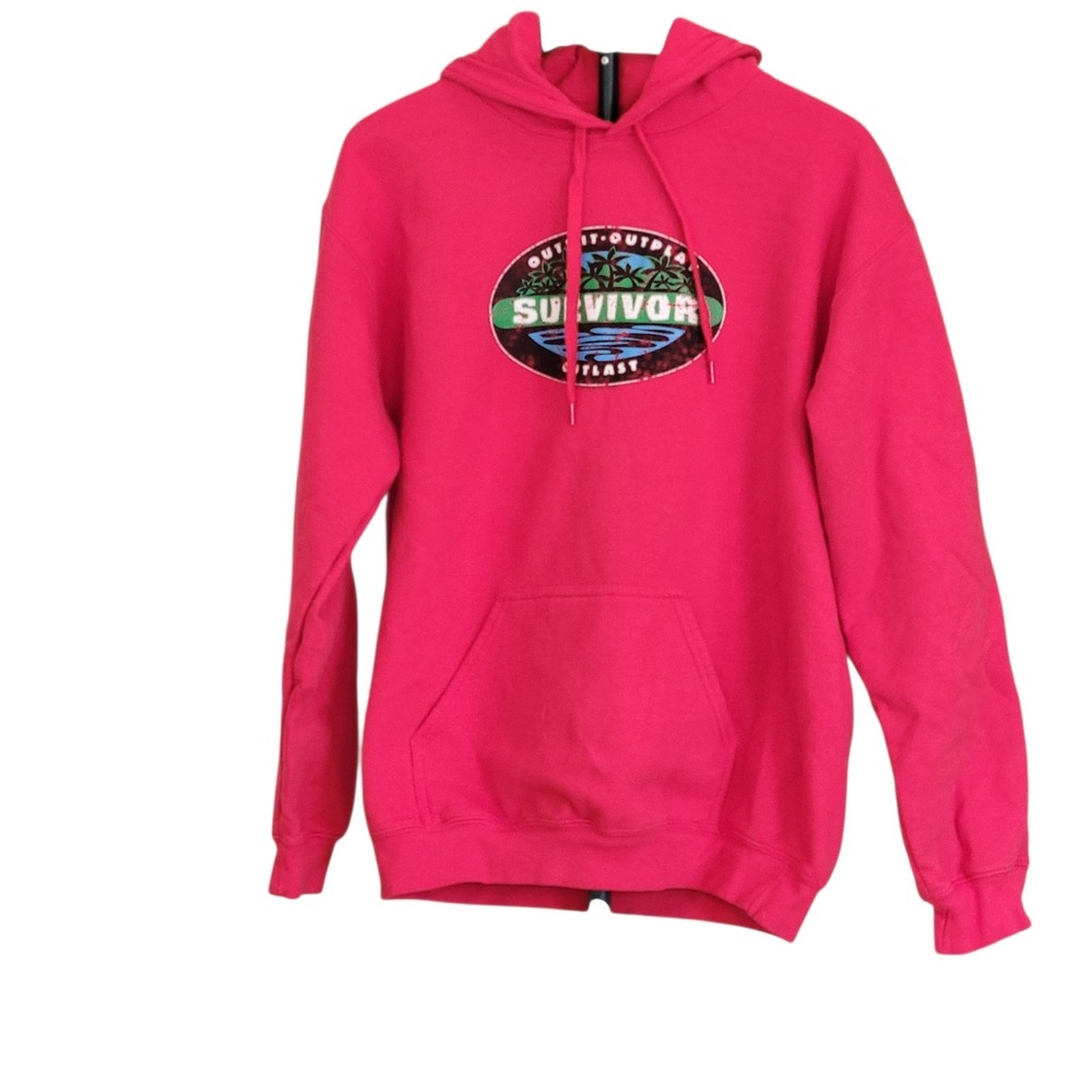 Gildan Survivor Outwit Outplay Outlast Red Graphic Pullover Hoodie Medium